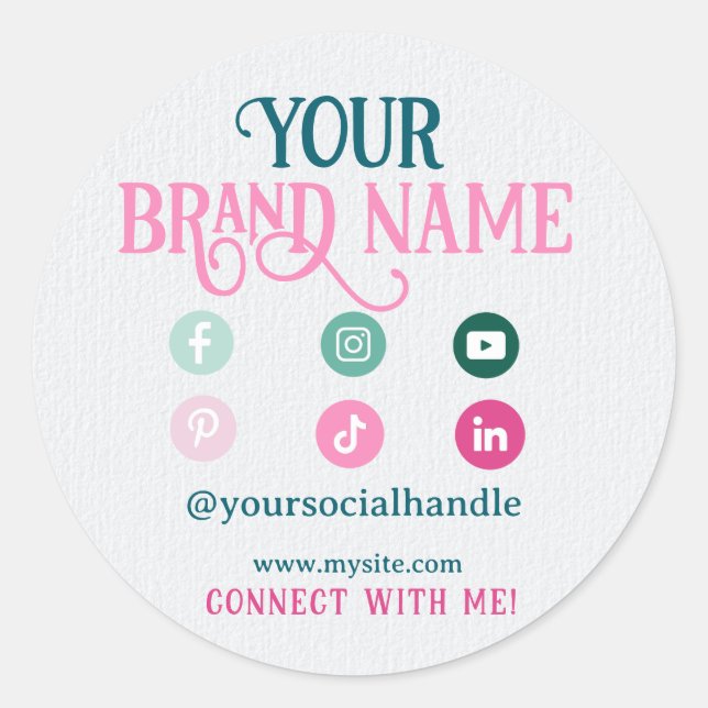 Minimalist Pink Teal Cute Social Media Business Classic Round Sticker (Front)