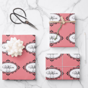 Minimalist Pink Vintage Damask Monogram Wrapping Paper Sheet