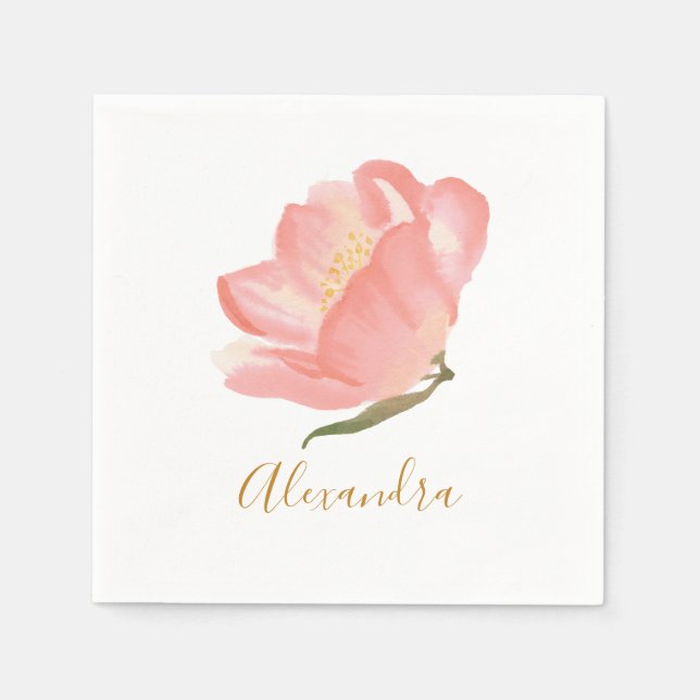 Minimalist Pink Watercolor Flower Personalised    Napkin (Front)