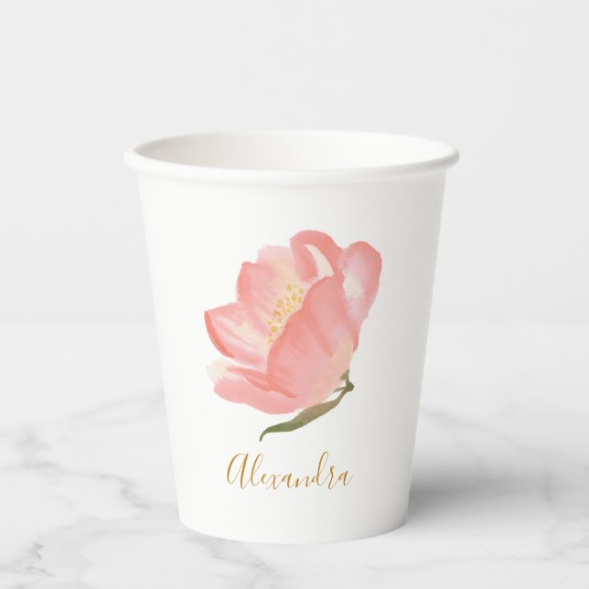 Minimalist Pink Watercolor Flower Personalised Paper Cups (Front)