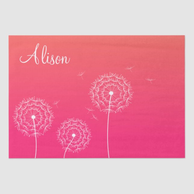 Minimalist Pink White Dandelion Name Cute Floral  Tissue Paper (Front)