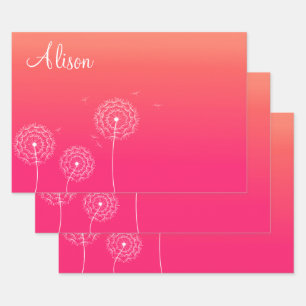 Minimalist Pink White Dandelion Name Cute Floral Wrapping Paper Sheet