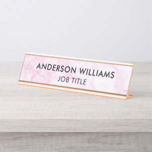 Minimalist Pink White Marble Custom Desk Name Plate