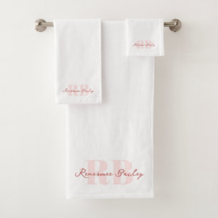 Minimalist Pink White Monogram Bath Towel Set