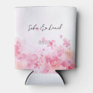 Minimalist pink wildflower wedding white can cooler
