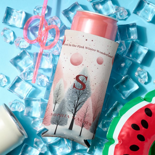 Minimalist Pink Winter Forest Wonderland Monogram Seltzer Can Cooler (In Situ Summer)