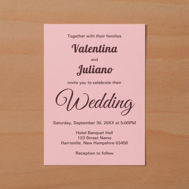 Minimalist Pink With Dark Burgundy Text Wedding Invitation (Typography style minimalist pink wedding invitation)