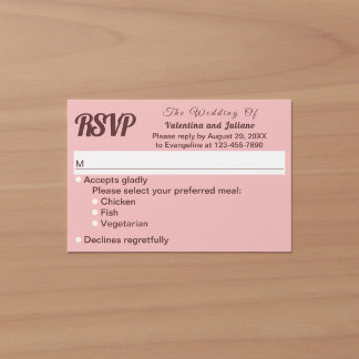 Minimalist Pink With Dark Burgundy Text Wedding RSVP Card
