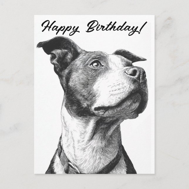 Minimalist Pitbull Black and White Birthday Card (Front)