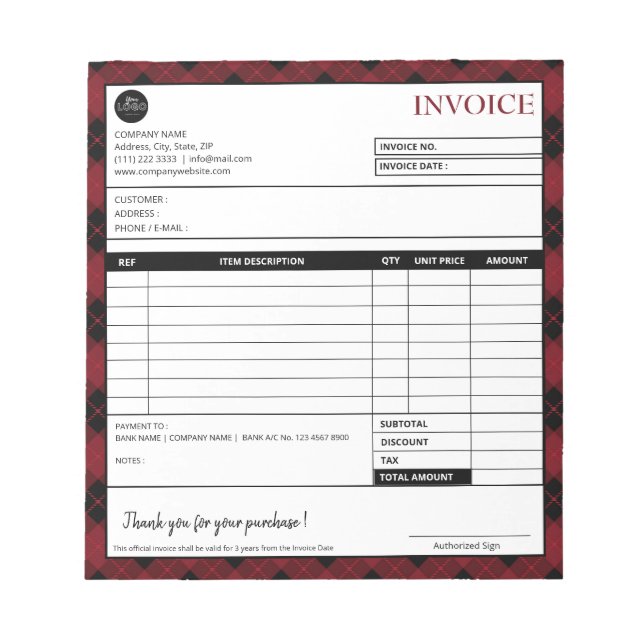 Minimalist Plaid Border Business Invoice Template Notepad (Front)