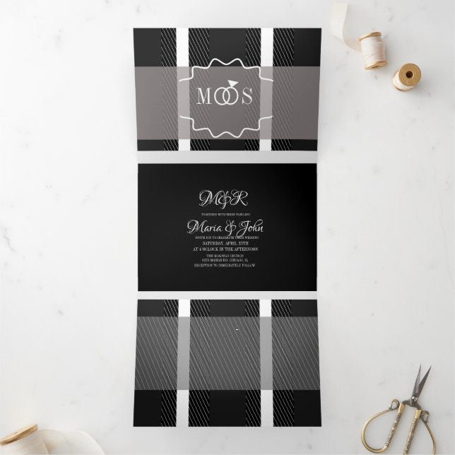 Minimalist Plaid Grey White Ring Logo Wedding Tri-Fold Invitation (Inside)
