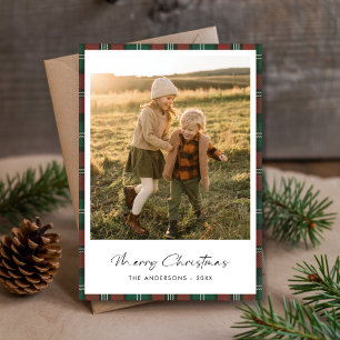 Minimalist Plaid Merry Christmas Family Kids Photo Holiday Card