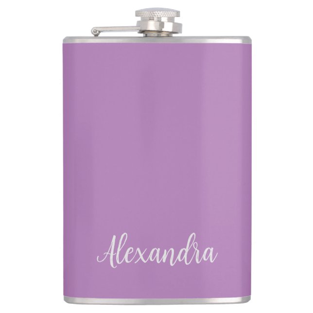 Minimalist Plain Add Name Lavender Calligraphy Hip Flask (Front)