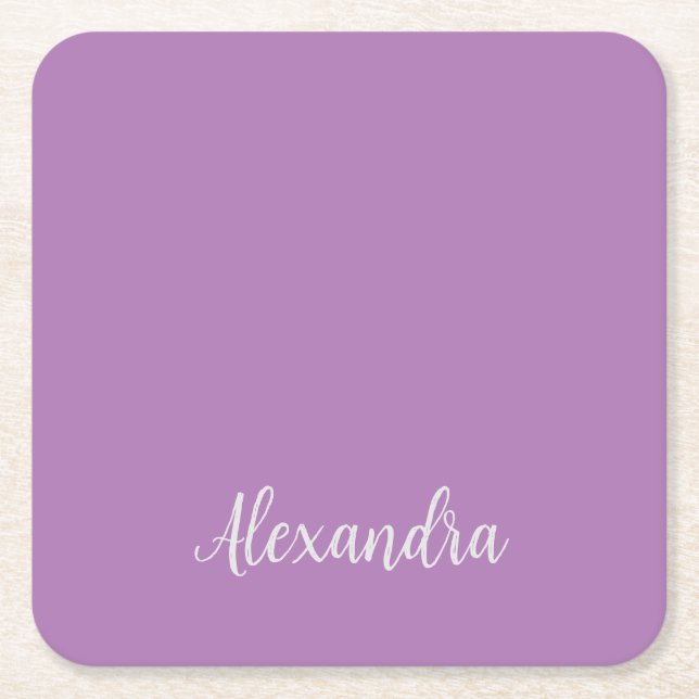 Minimalist Plain Add Name Lavender Calligraphy Square Paper Coaster (Front)