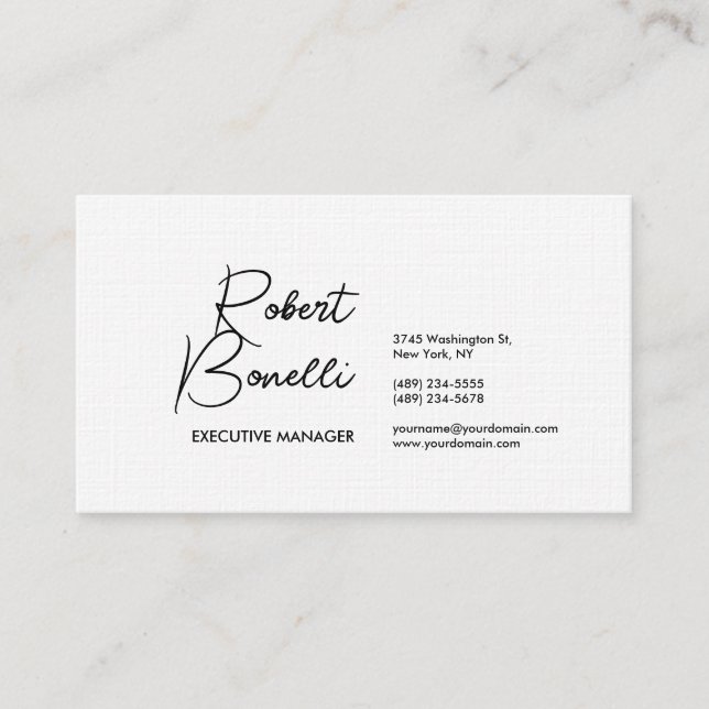 Minimalist Plain Black & White Modern Lovely Linen Business Card (Front)