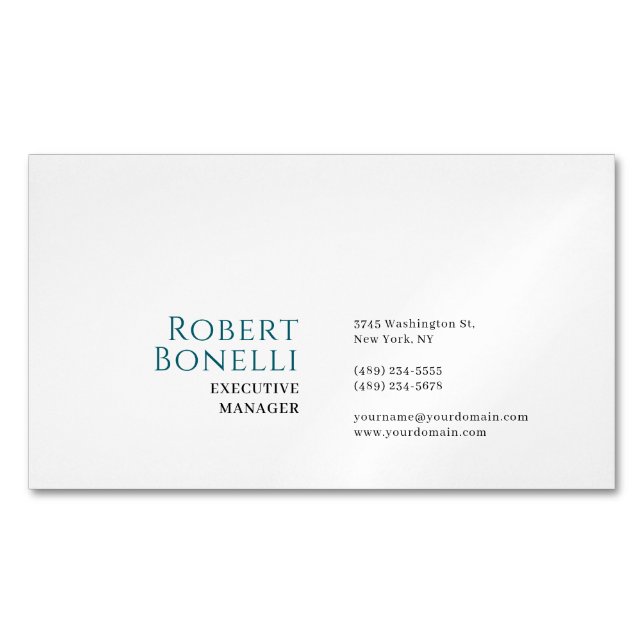 Minimalist Plain Blue & White Modern Magnetic Business Card (Front)