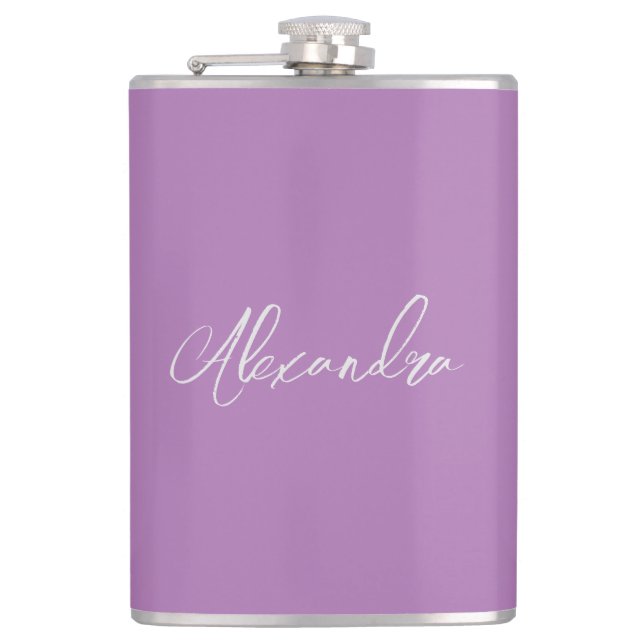 Minimalist Plain Calligraphy Own Name Lavender Hip Flask (Front)