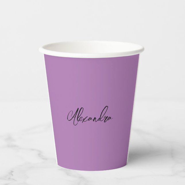 Minimalist Plain Calligraphy Own Name Lavender Paper Cups (Front)