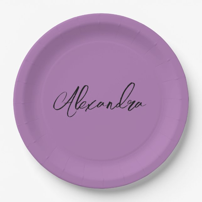 Minimalist Plain Calligraphy Own Name Lavender Paper Plate (Front)