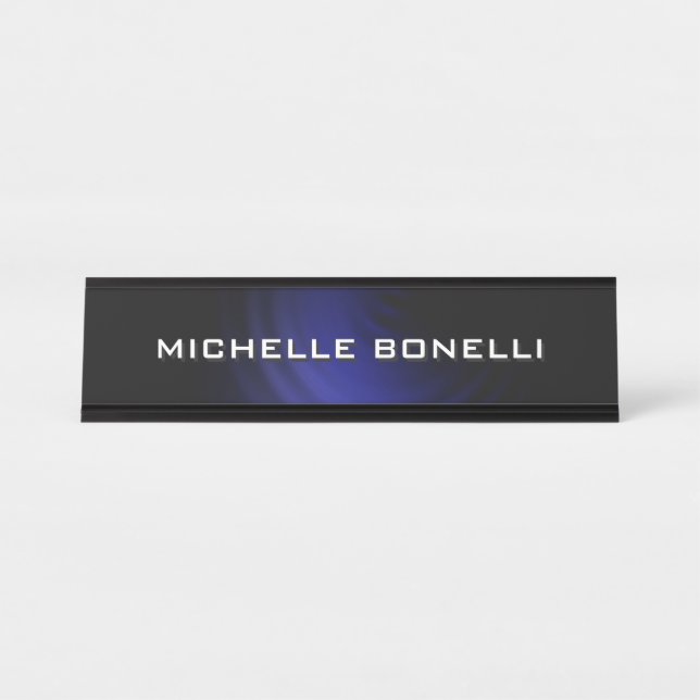 Minimalist Plain Modern Blue Black Desk Name Plate (Front)