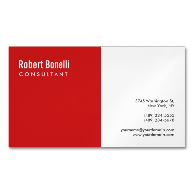Minimalist Plain Red White Modern Magnetic Business Card (Front)