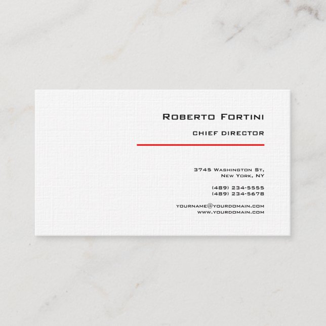 Minimalist Plain Red White Modern Premium Linen Business Card (Front)