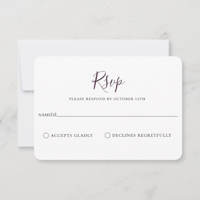 Minimalist Plum Purple Wedding RSVP Card (Front)