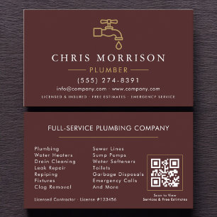 Minimalist Plumber Burgundy Gold QR Code Business Card