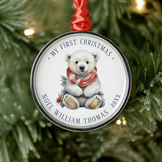 Minimalist Polar Bear Baby's First Christmas Metal Tree Decoration (Tree)