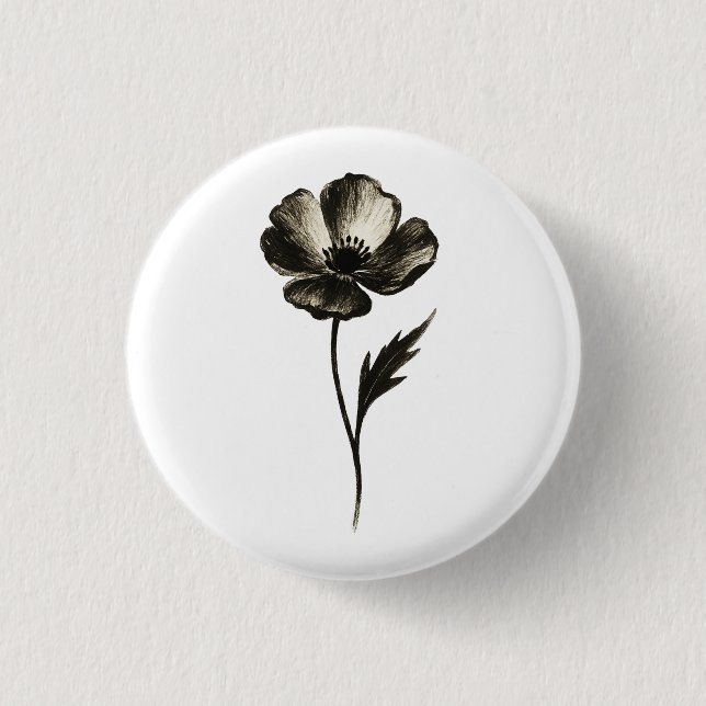 Minimalist Poppy – Monochrome Botanical Ink Art on 3 Cm Round Badge (Front)
