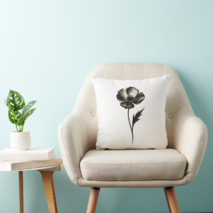 Minimalist Poppy – Monochrome Botanical Ink Art on Cushion