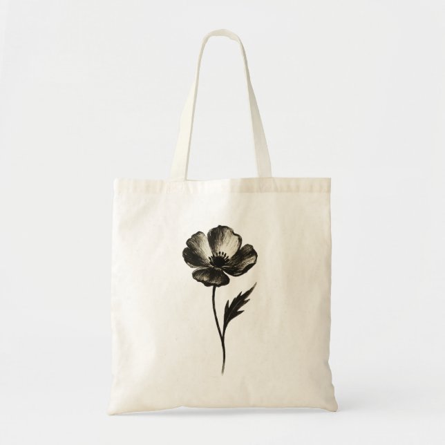 Minimalist Poppy – Monochrome Botanical Ink Art on Tote Bag (Front)