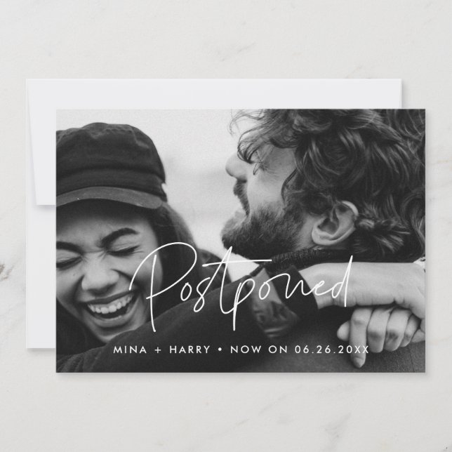 Minimalist Postponed wedding update photo Announcement (Front)