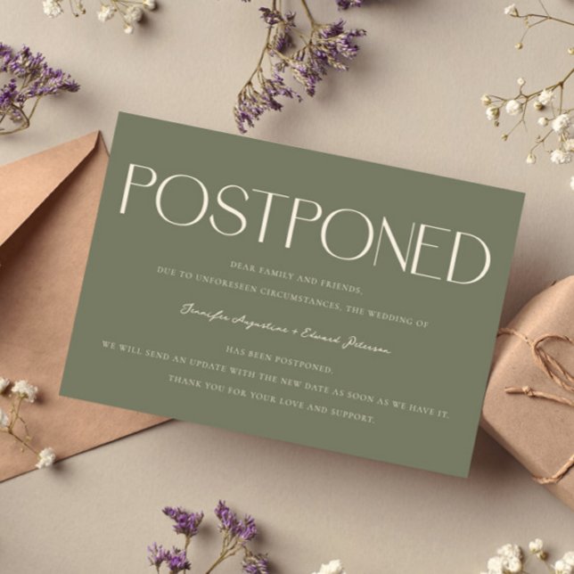 Minimalist Postponed Wedding Update Sage Green Invitation (Creator Uploaded)
