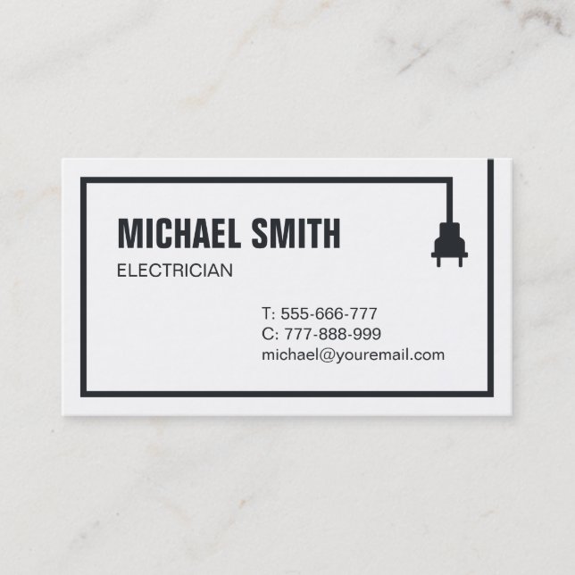 Minimalist Power Plug Wire Border Electrician Business Card (Front)