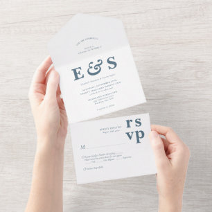 Minimalist Prep Chic Dusty Blue Monogram Wedding All In One Invitation