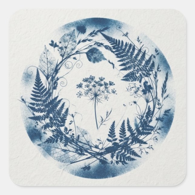 Minimalist Pressed Fern Cyanotype Square Sticker (Front)