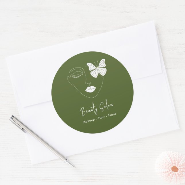 Minimalist Professional Beauty Salon Moss Green Classic Round Sticker (Envelope)