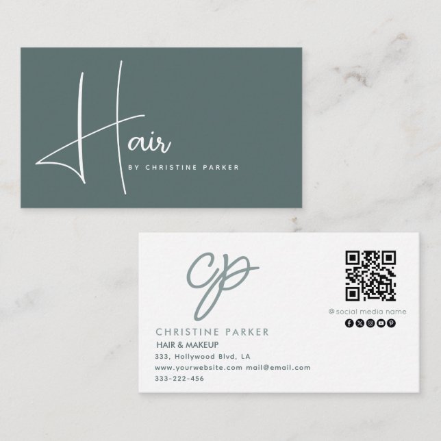 Minimalist professional hair monogram  Qr code Business Card (Front/Back)