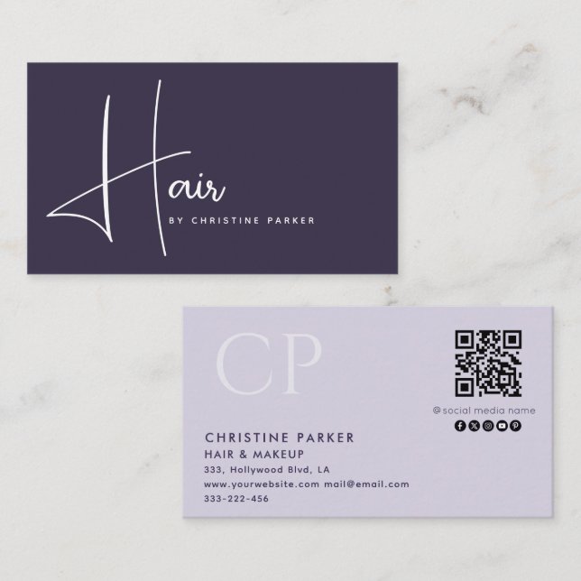 Minimalist professional hair monogram  Qr code  Business Card (Front/Back)