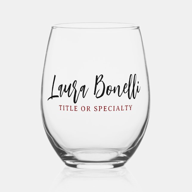 Minimalist Professional Handwrite Plain Name Title Stemless Wine Glass (Front)