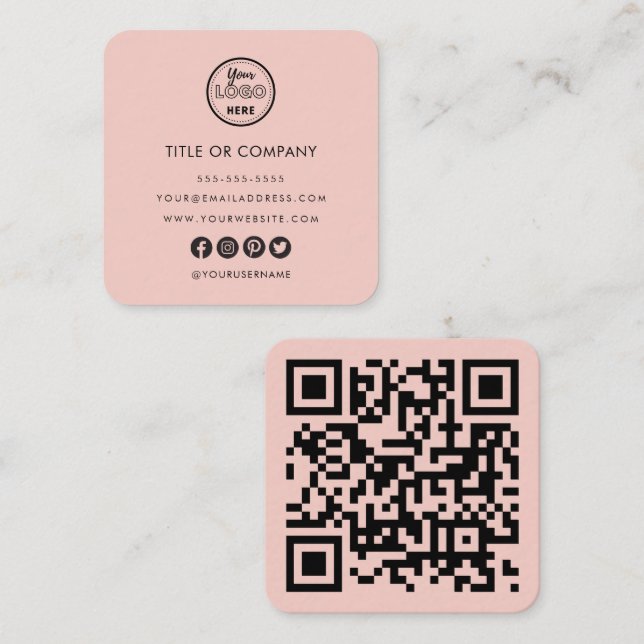Minimalist Professional Logo Qr Code Blush Pink Square Business Card (Front/Back)