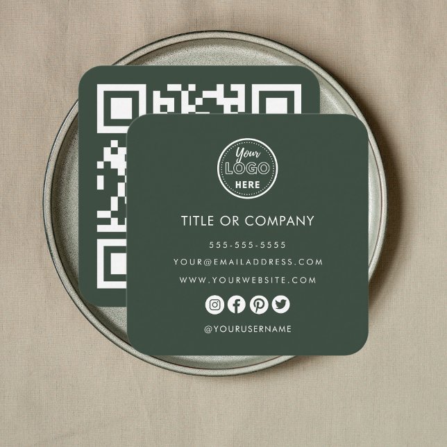 Minimalist Professional Logo Qr Code Forest Green Square Business Card (Creator Uploaded)