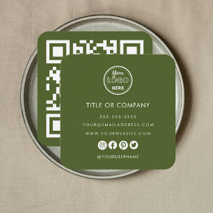Minimalist Professional Logo Qr Code Moss Green Square Business Card