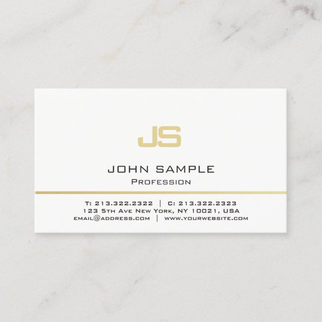 Minimalist Professional Modern White Gold Monogram Business Card (Front)