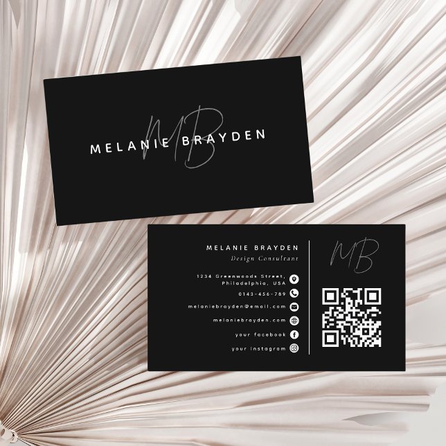 Minimalist Professional Monogram QR Code Black Business Card (Creator Uploaded)