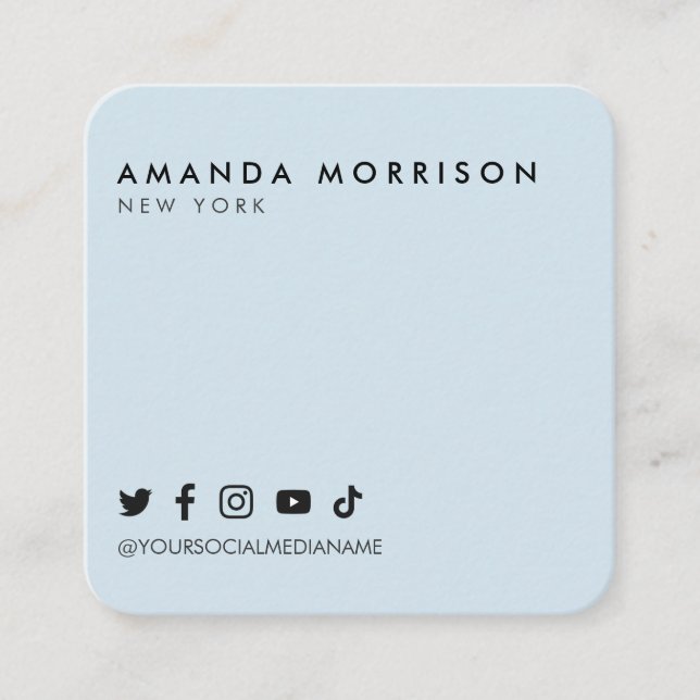 Minimalist Professional Social Media Light Blue Square Business Card (Front)