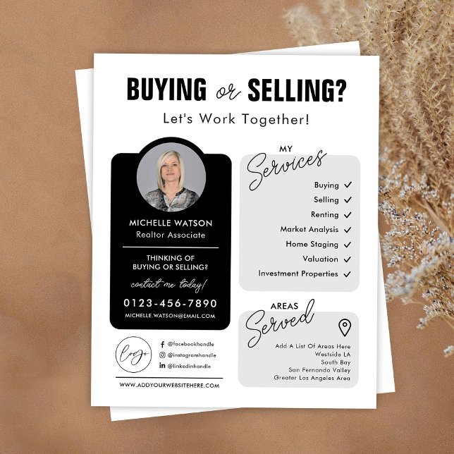 Minimalist Property Agent Photo Realty Flyer (Minimalist black and white real estate agent marketing flyer with your custom photo and logo)