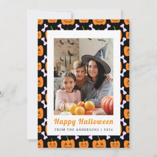 Minimalist Pumpkin Vintage Happy Halloween 1 Photo Holiday Card