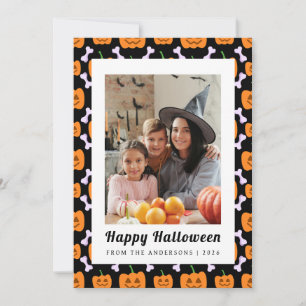 Minimalist Pumpkin Vintage Happy Halloween 1 Photo Holiday Card